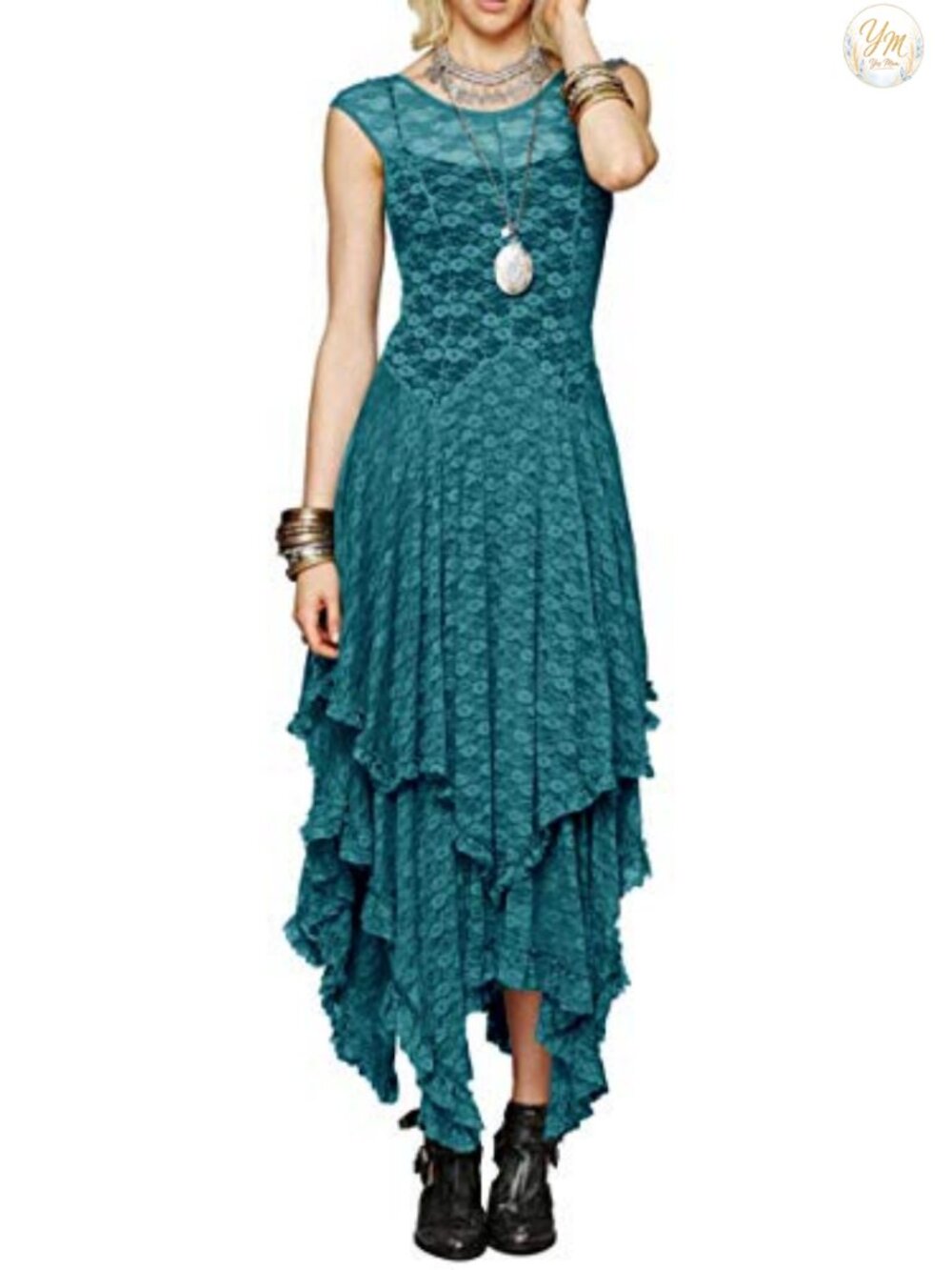 Lace Midi Dress with Slip Two Pieces Backless Ruffled A-Line Formal